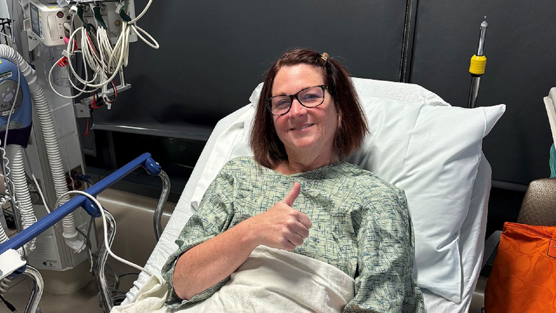 Acoustic neuroma patient Tammie Warren in her hospital bed after successful surgery