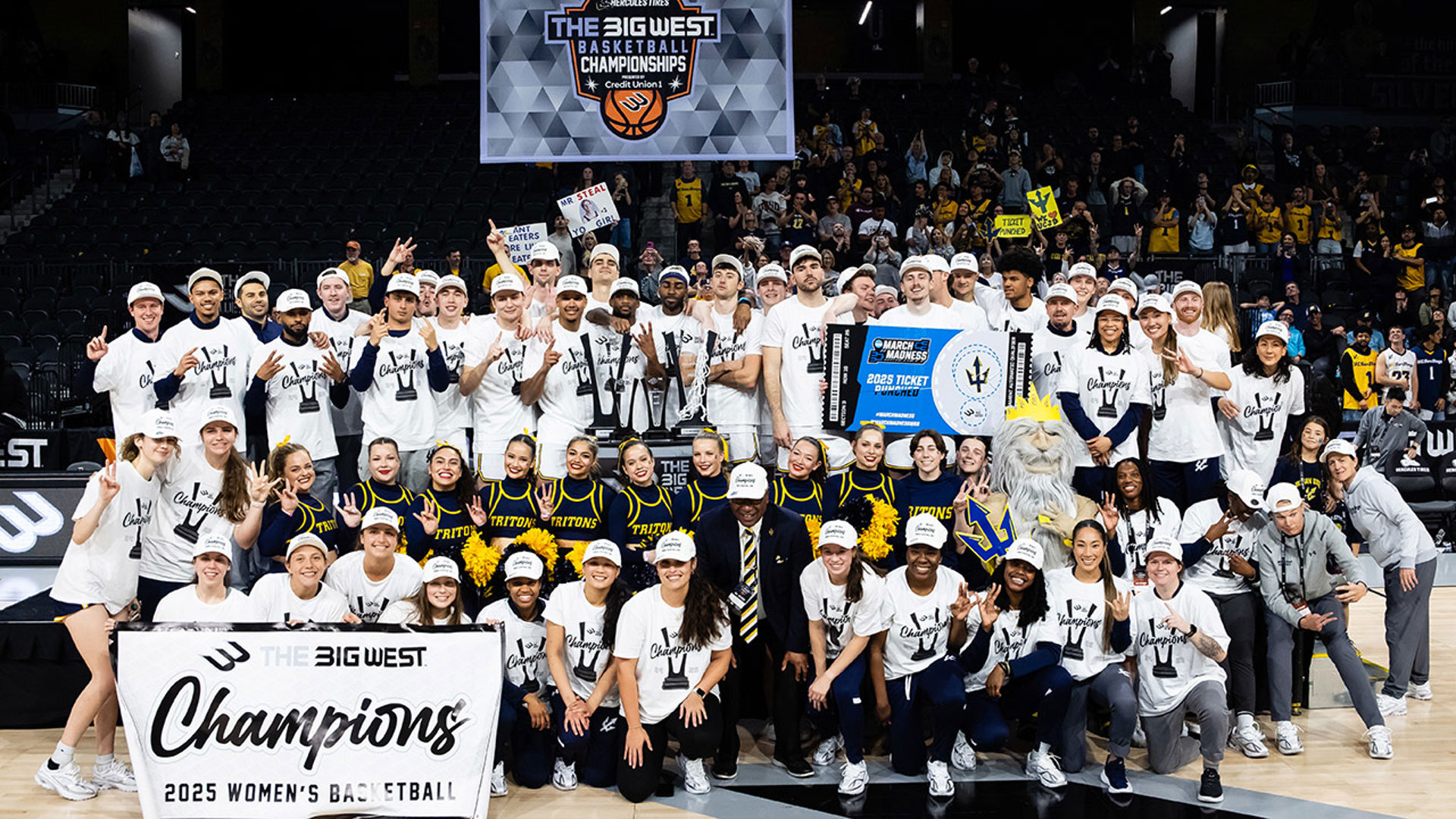 UC San Diego mens' and womens' basketball teams on basketball court