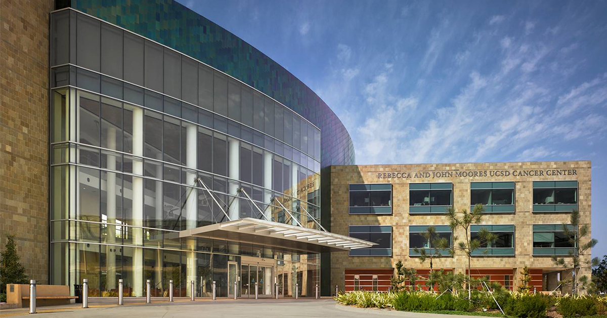 Moores Cancer Center at UC San Diego Health front of building with signage