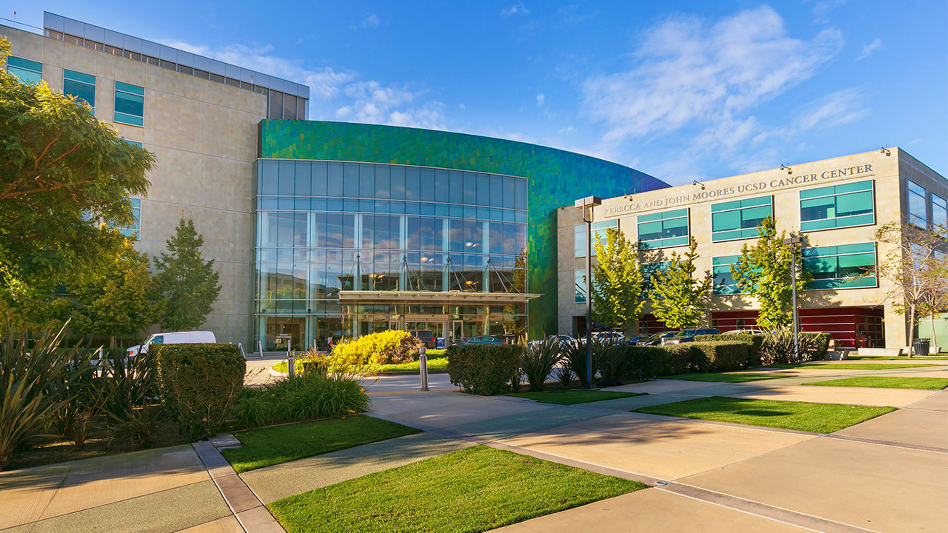 exterior of Moores Cancer Center building at UC San Diego Health in La Jolla