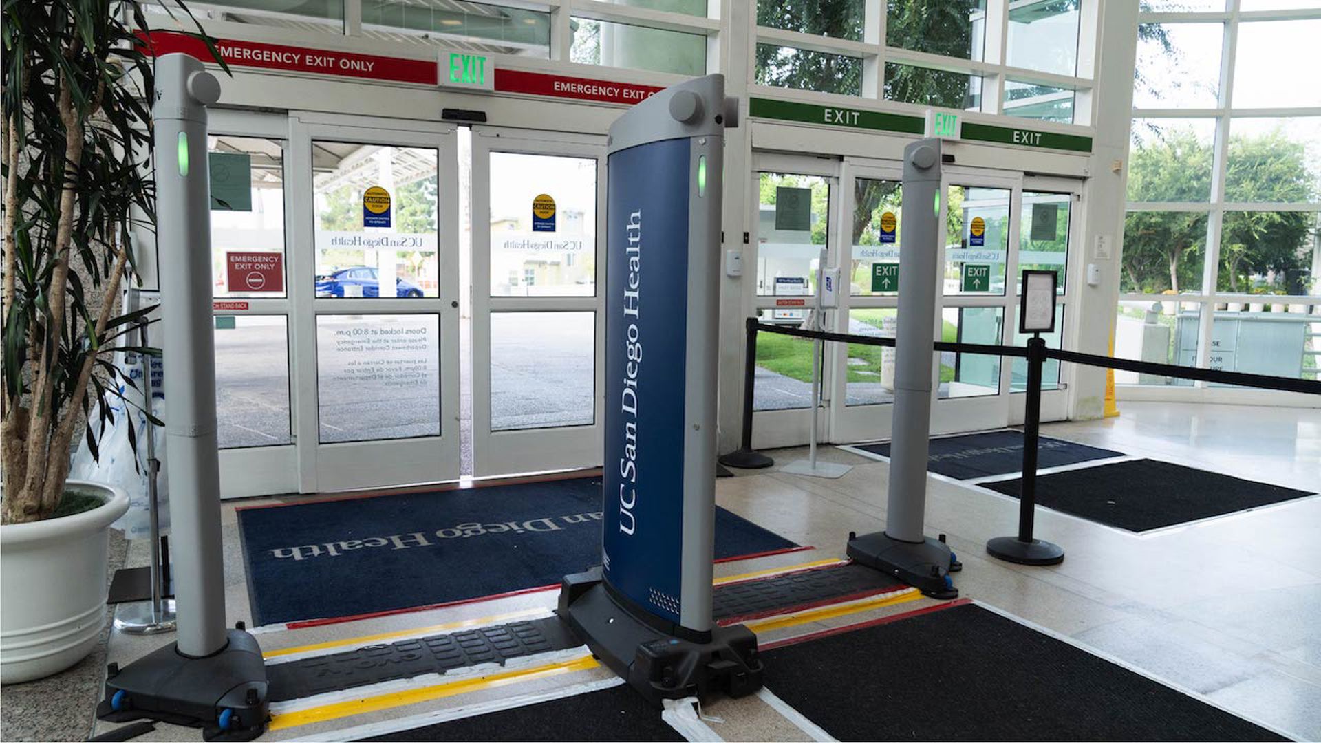weapons screening system at the entrance of a UC San Diego Health hospital